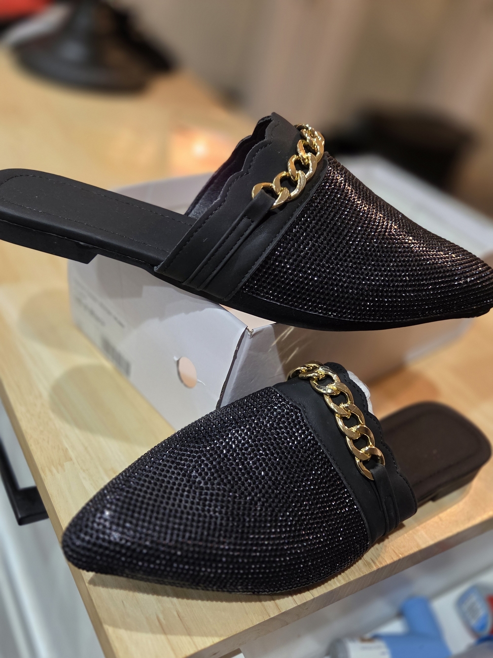 Black Pointed Toe Slip-On Flats with Gold Chain Accent